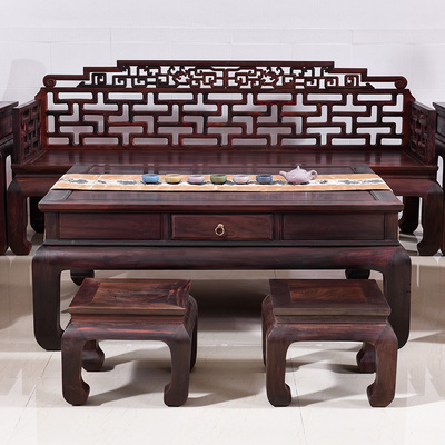 红木家具 老挝大红酸枝明式曲尺沙发 交趾黄檀镂空新中式实木沙发